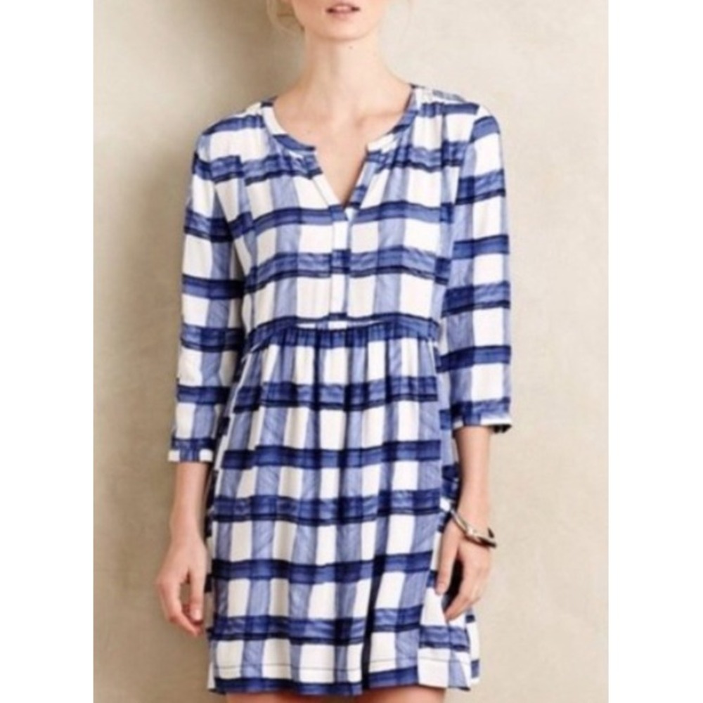 Maeve Anthropologie Devery Blue Plaid Dress Empire Waist Size Large Pockets Boho